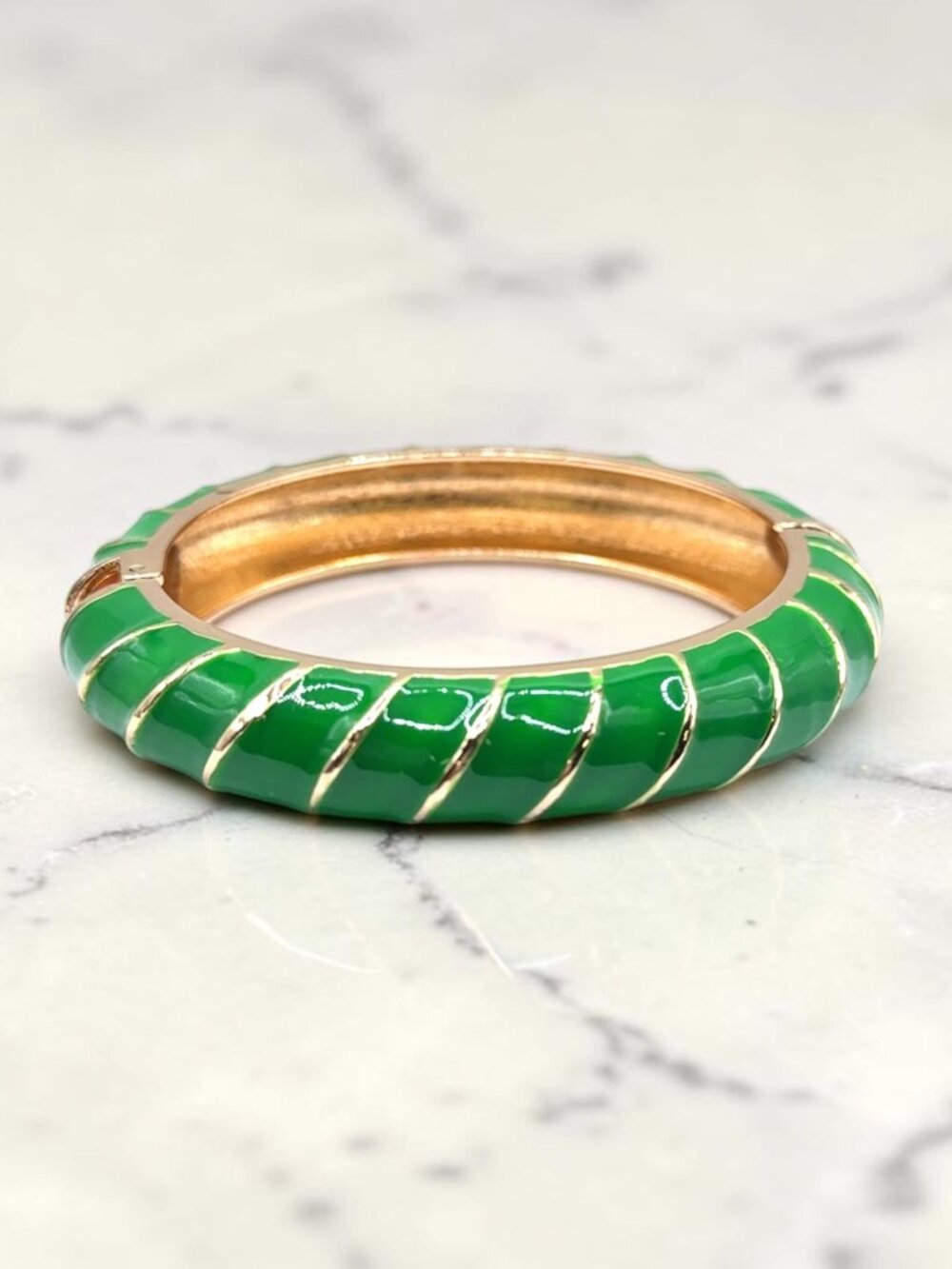 Gold-Tone and Green Enamel Hinged Bangle Bracelet
